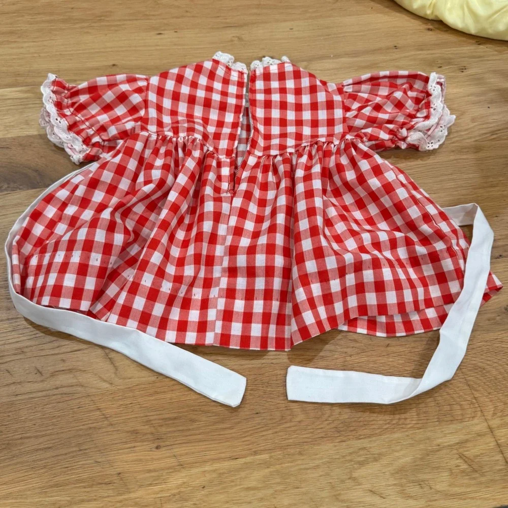 Vintage 90s Red Gingham Baby Dress w Detachable Apron Lace Trim Red White 12-18M